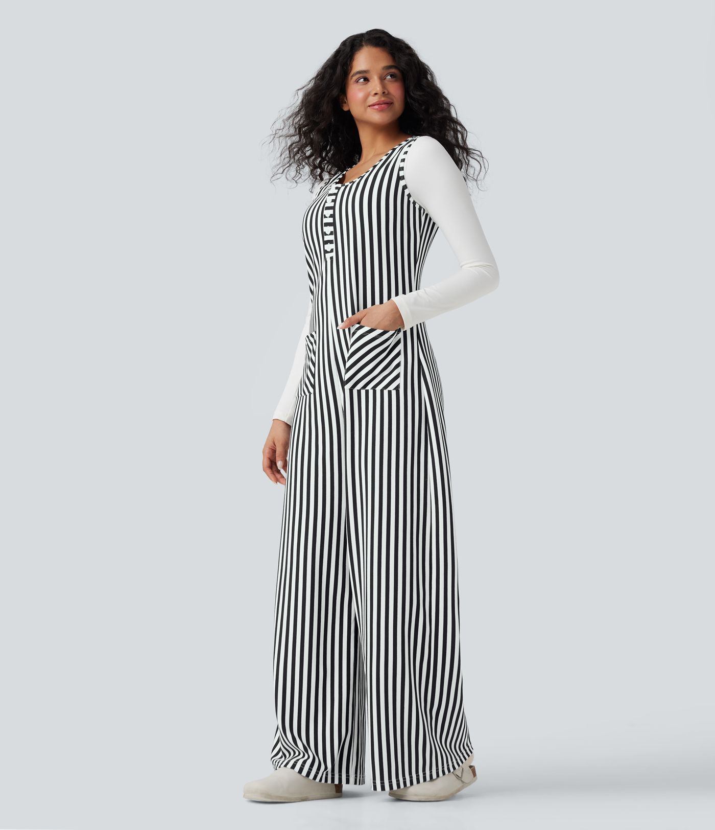 U-Neck Sleeveless Stripe Waffle Casual Jumpsuit with Pockets