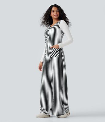 U-Neck Sleeveless Stripe Waffle Casual Jumpsuit with Pockets