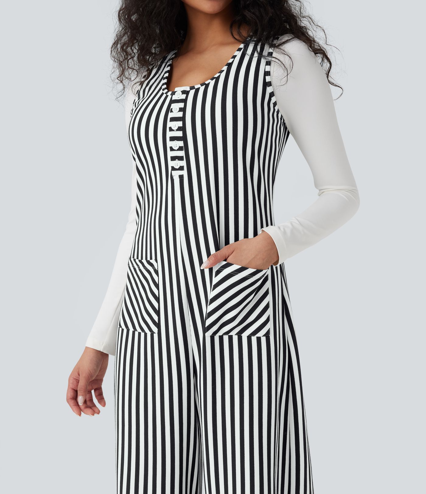 U-Neck Sleeveless Stripe Waffle Casual Jumpsuit with Pockets