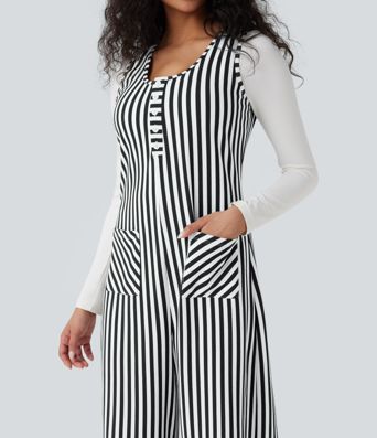 U-Neck Sleeveless Stripe Waffle Casual Jumpsuit with Pockets