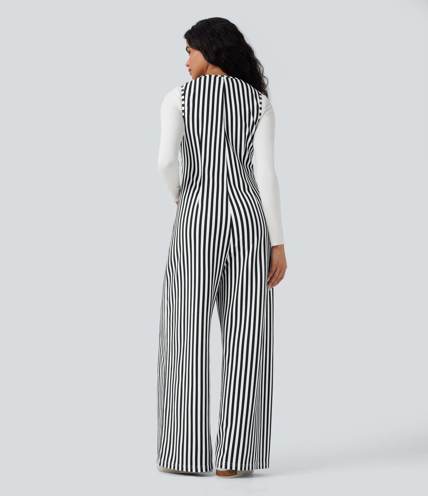 U-Neck Sleeveless Stripe Waffle Casual Jumpsuit with Pockets
