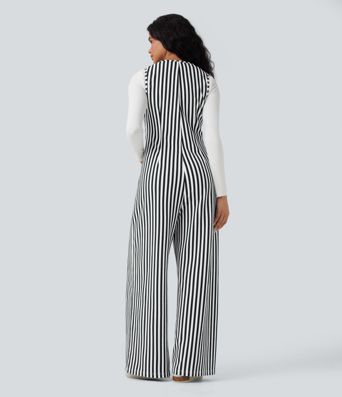 U-Neck Sleeveless Stripe Waffle Casual Jumpsuit with Pockets