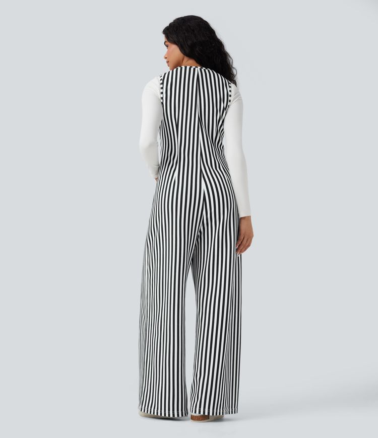 U-Neck Sleeveless Stripe Waffle Casual Jumpsuit with Pockets