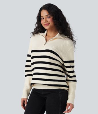 Pull décontracté color block rayé col revers demi-fermeture éclair