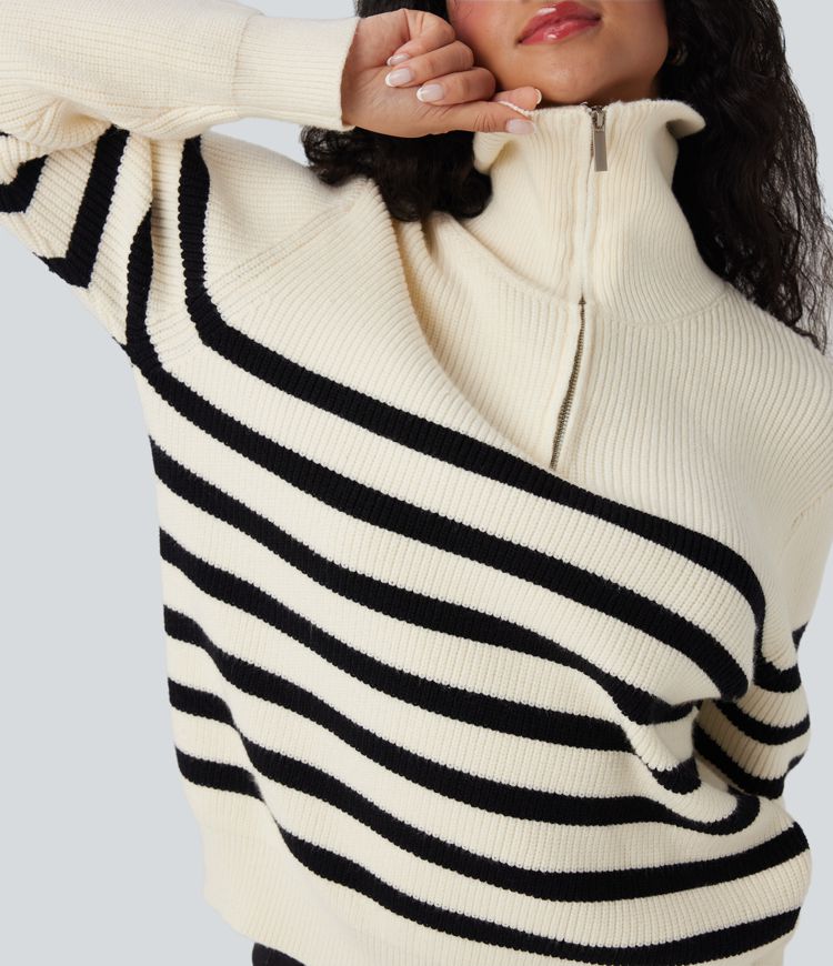 Pull décontracté color block rayé col revers demi-fermeture éclair