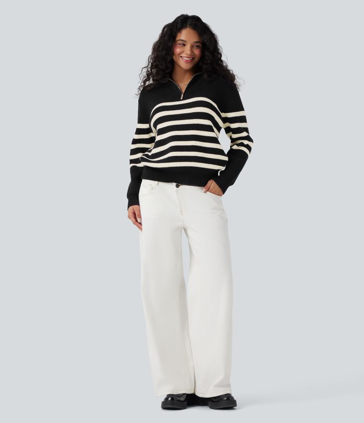 Half Zip Lapel Color Block Striped Casual Sweater