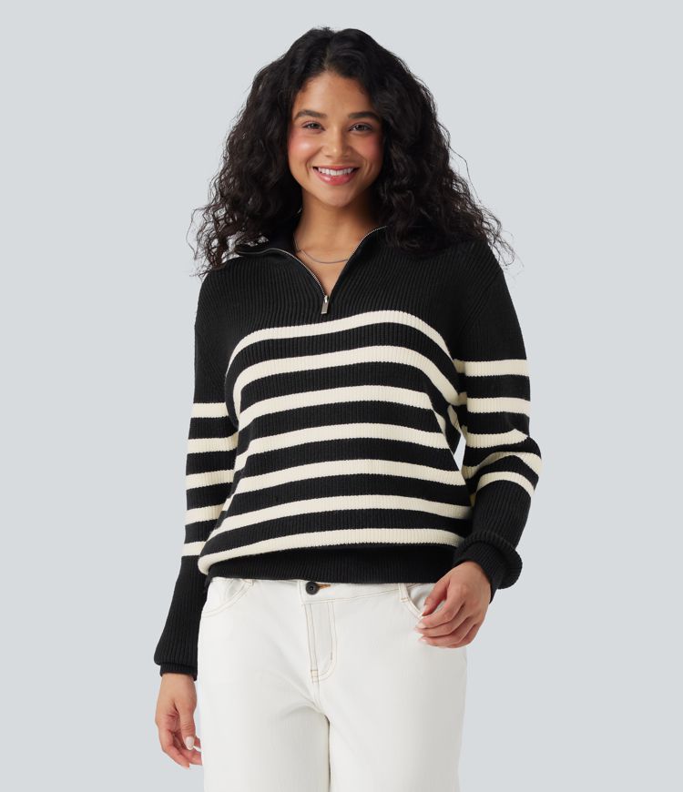 Half Zip Lapel Color Block Striped Casual Sweater