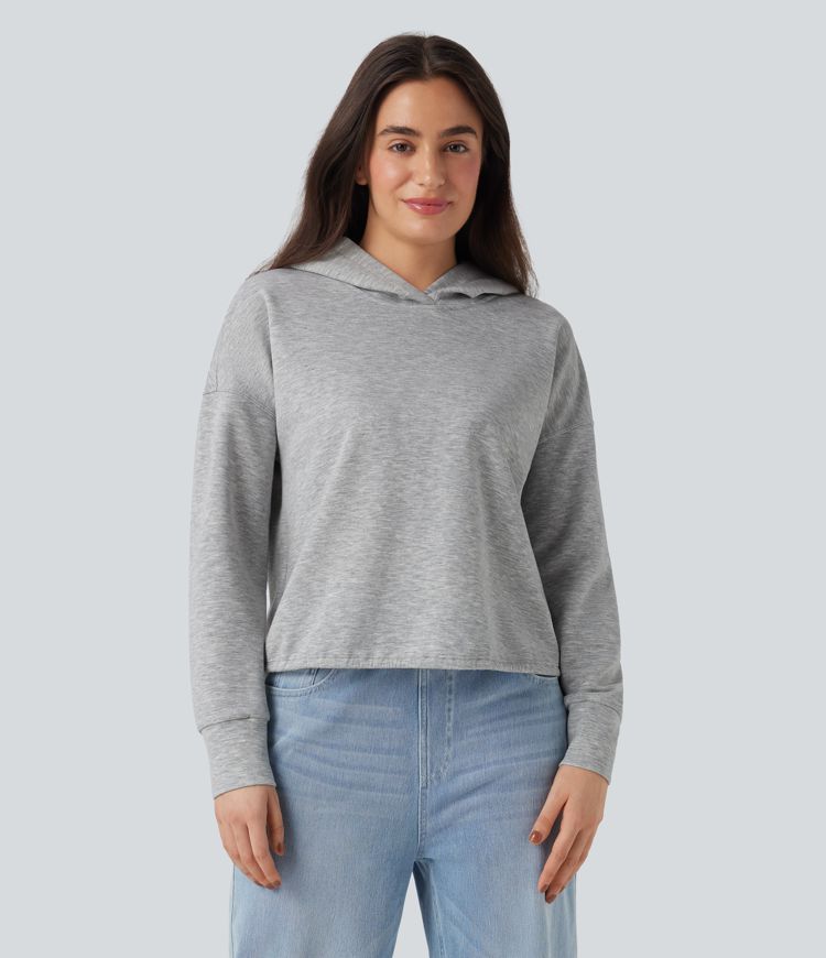 Sweatshirt décontracté à capuche manches longues épaules tombantes avec fentes et lien dos