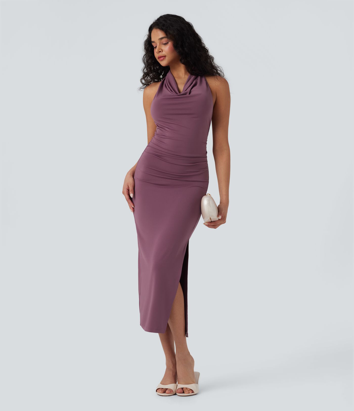 Cowl Neck Sleeveless Backless Split Bodycon Midi Dress