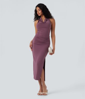 Cowl Neck Sleeveless Backless Split Bodycon Midi Dress