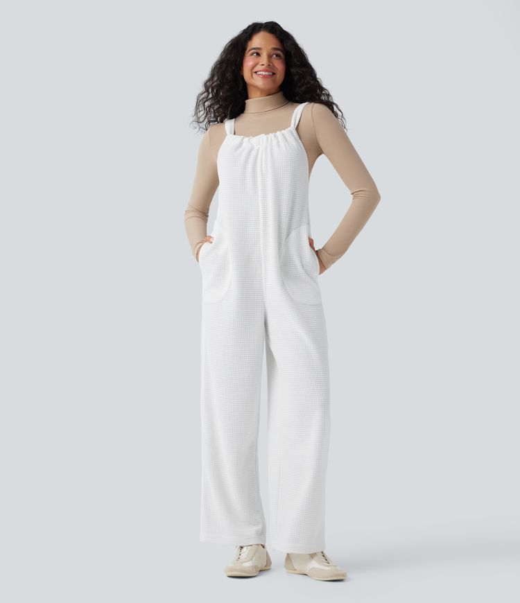 Tie Back Chenille Waffle Casual Overalls with Pockets