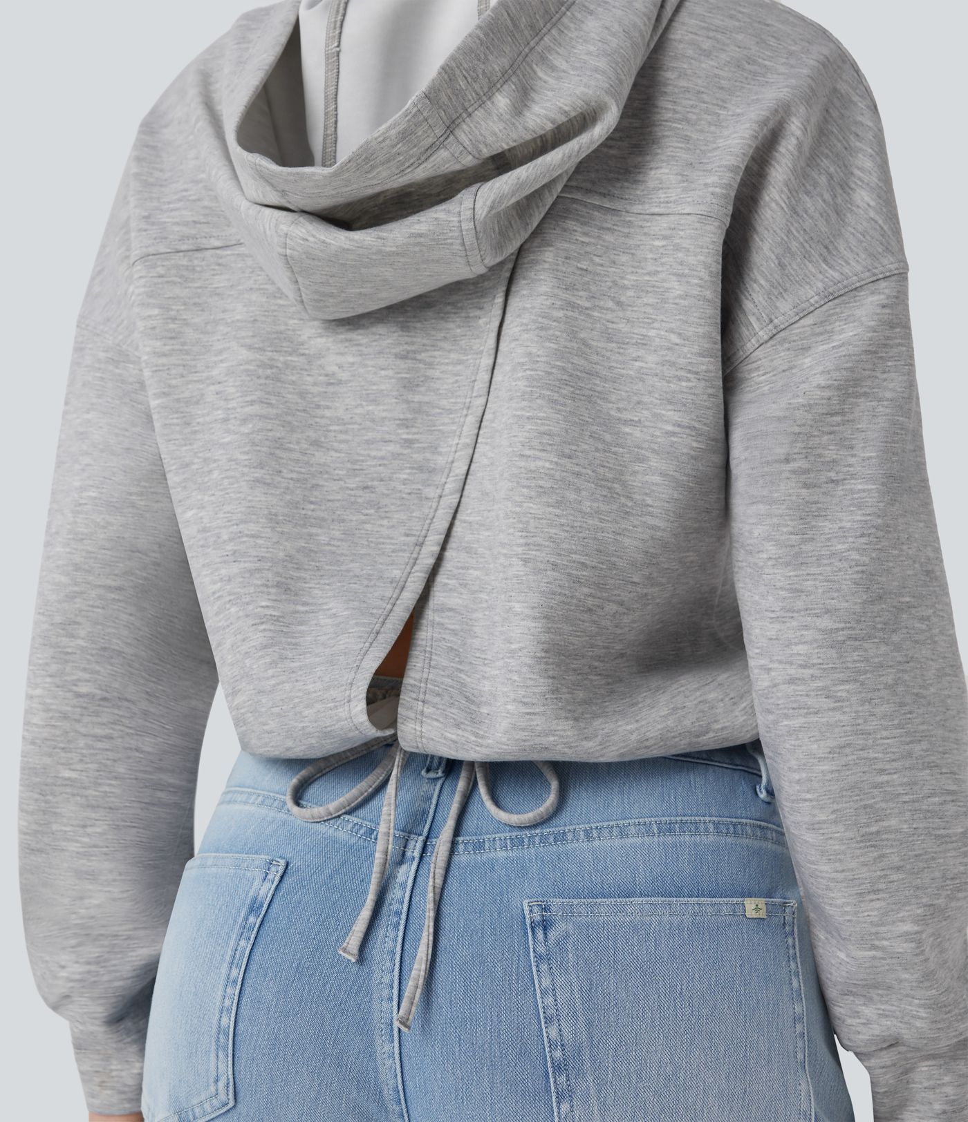 Sweatshirt décontracté à capuche manches longues épaules tombantes avec fentes et lien dos