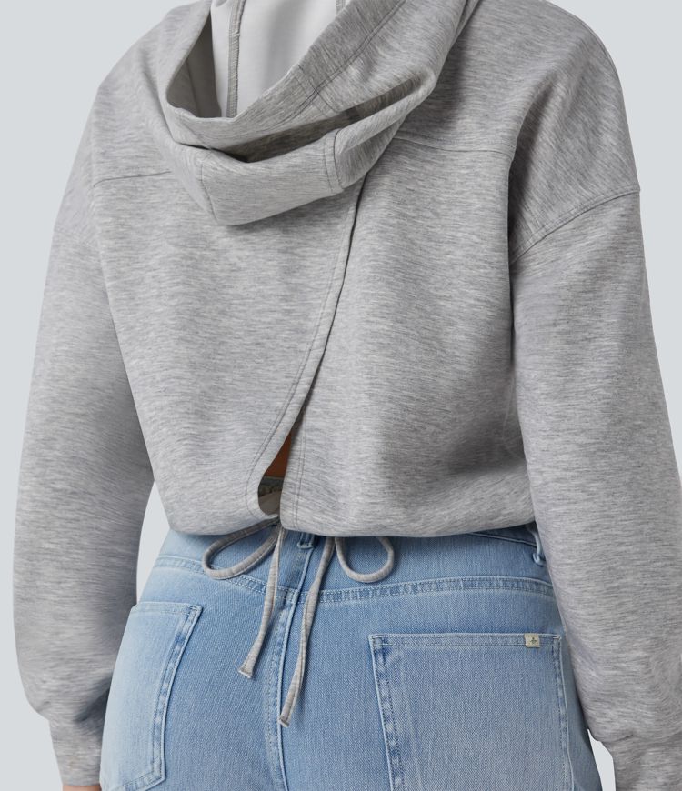 Sweatshirt décontracté à capuche manches longues épaules tombantes avec fentes et lien dos