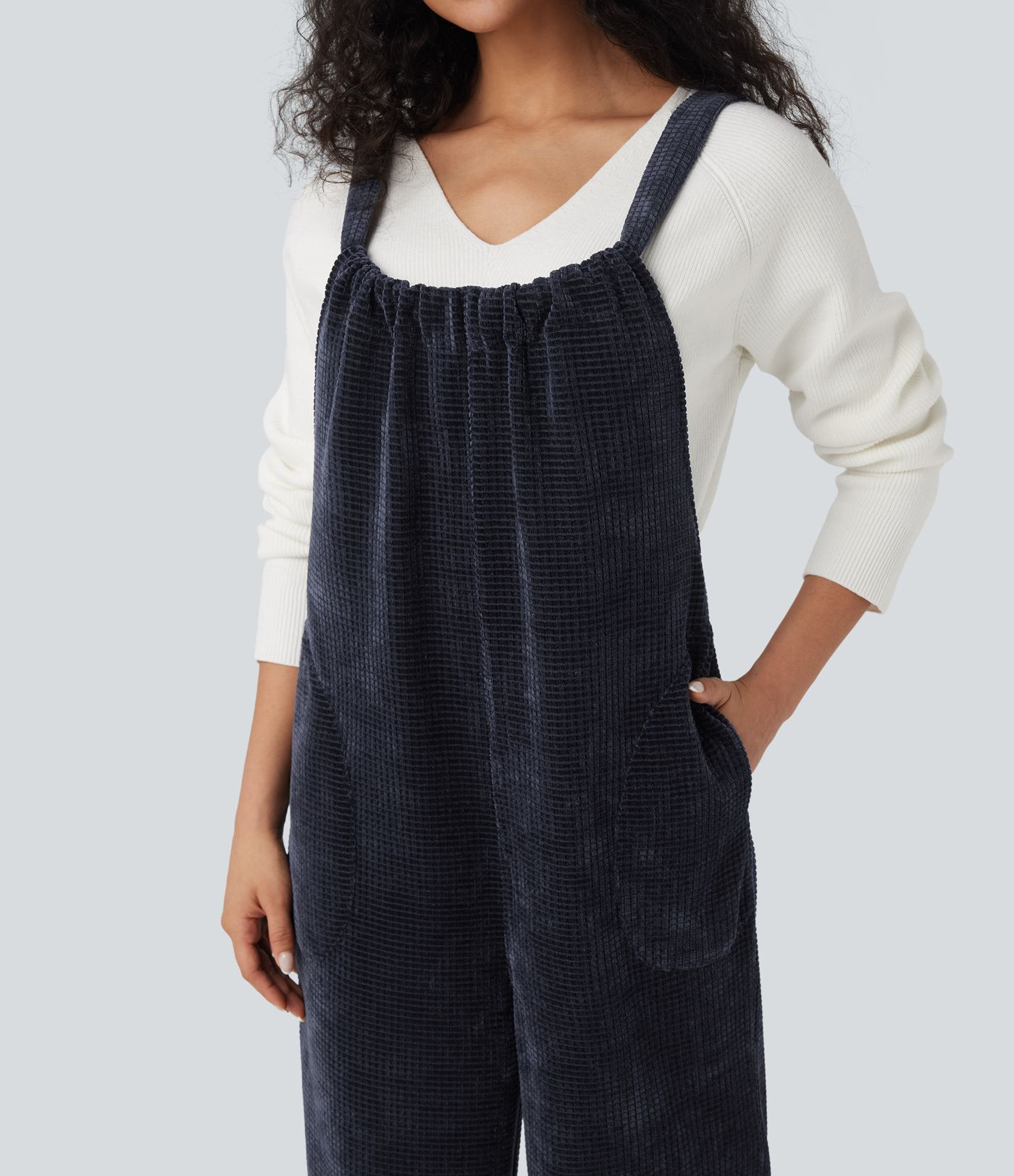 Lässiger Chenille-Waffel-Overall mit mehreren Taschen