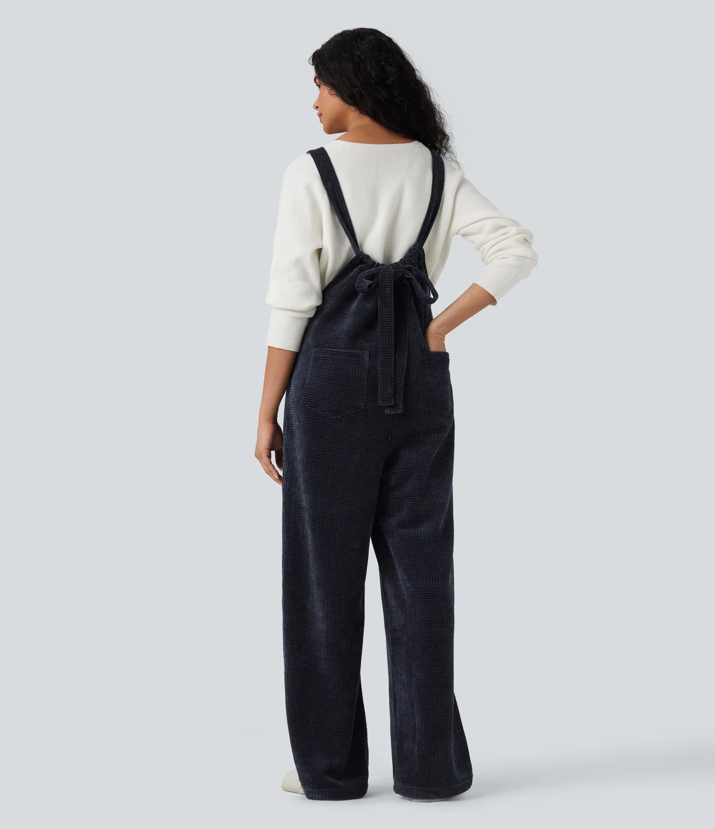 Tie Back Chenille Waffle Casual Overalls with Pockets