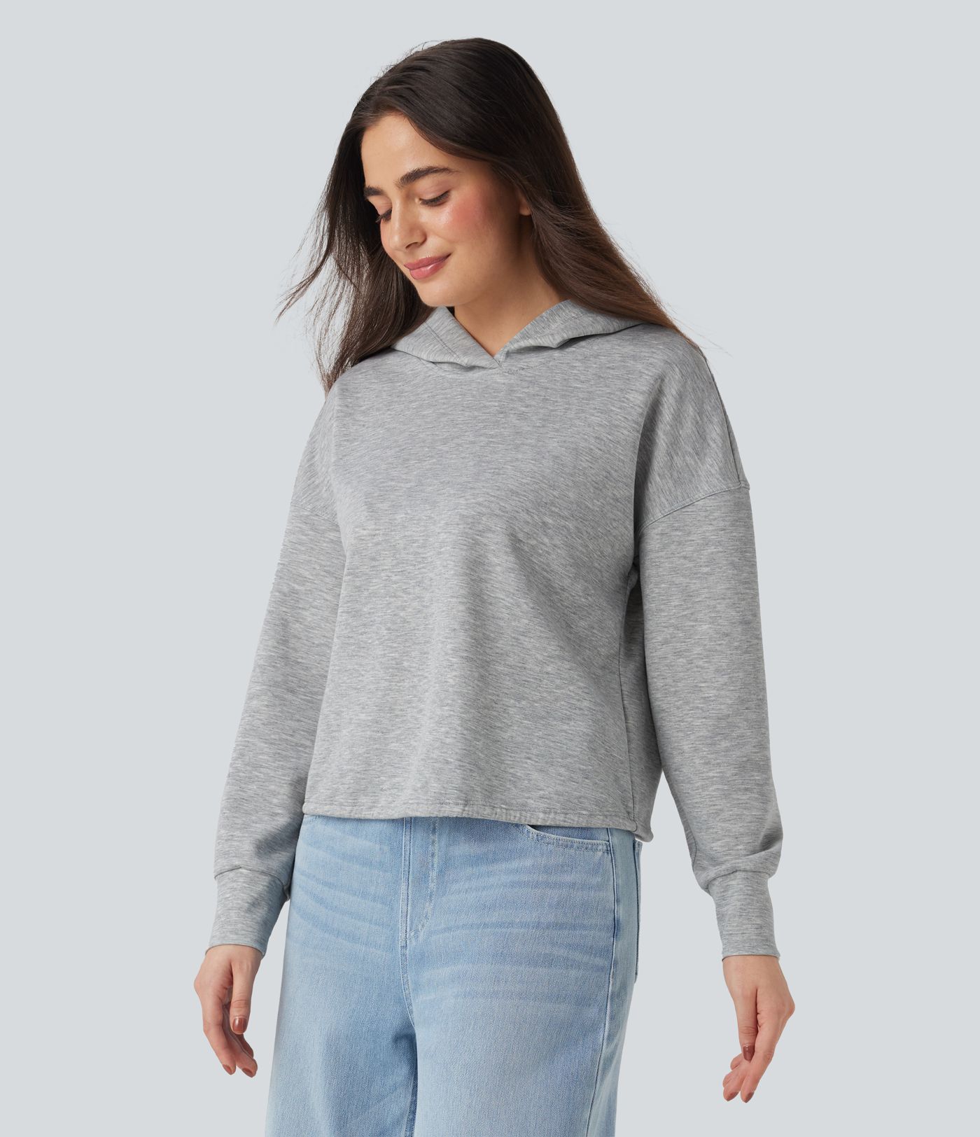 Sweatshirt décontracté à capuche manches longues épaules tombantes avec fentes et lien dos