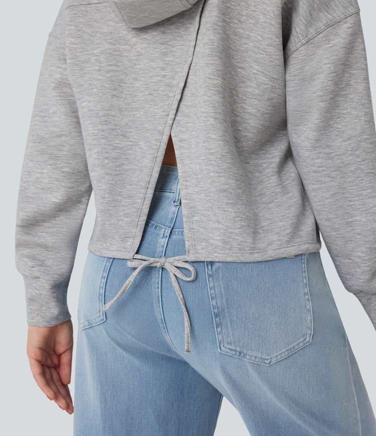 Sweatshirt décontracté à capuche manches longues épaules tombantes avec fentes et lien dos