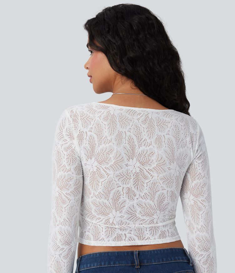 Square Neck Long Sleeve Slim Cropped Lace Casual Top