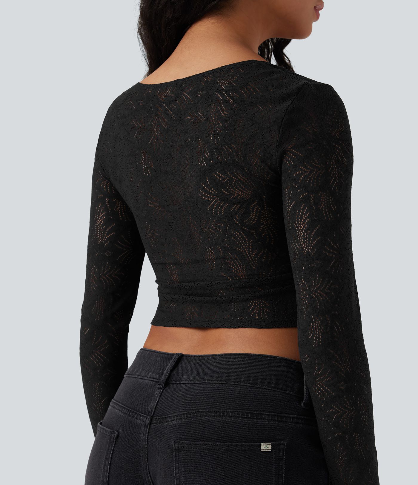 Square Neck Long Sleeve Slim Cropped Lace Casual Top