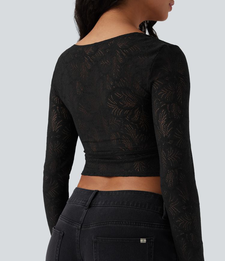 Square Neck Long Sleeve Slim Cropped Lace Casual Top