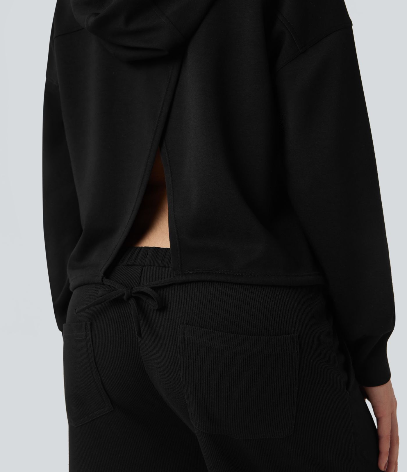 Hooded Long Sleeve Dropped Shoulder Split Tie Back Casual Sweatshirt