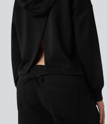 Hooded Long Sleeve Dropped Shoulder Split Tie Back Casual Sweatshirt