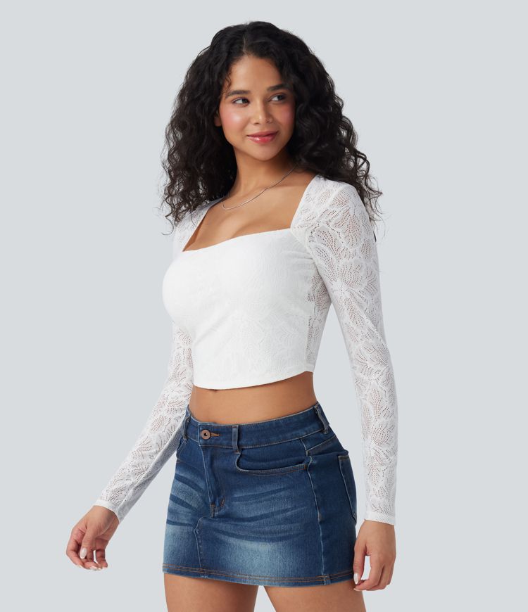Square Neck Long Sleeve Slim Cropped Lace Casual Top