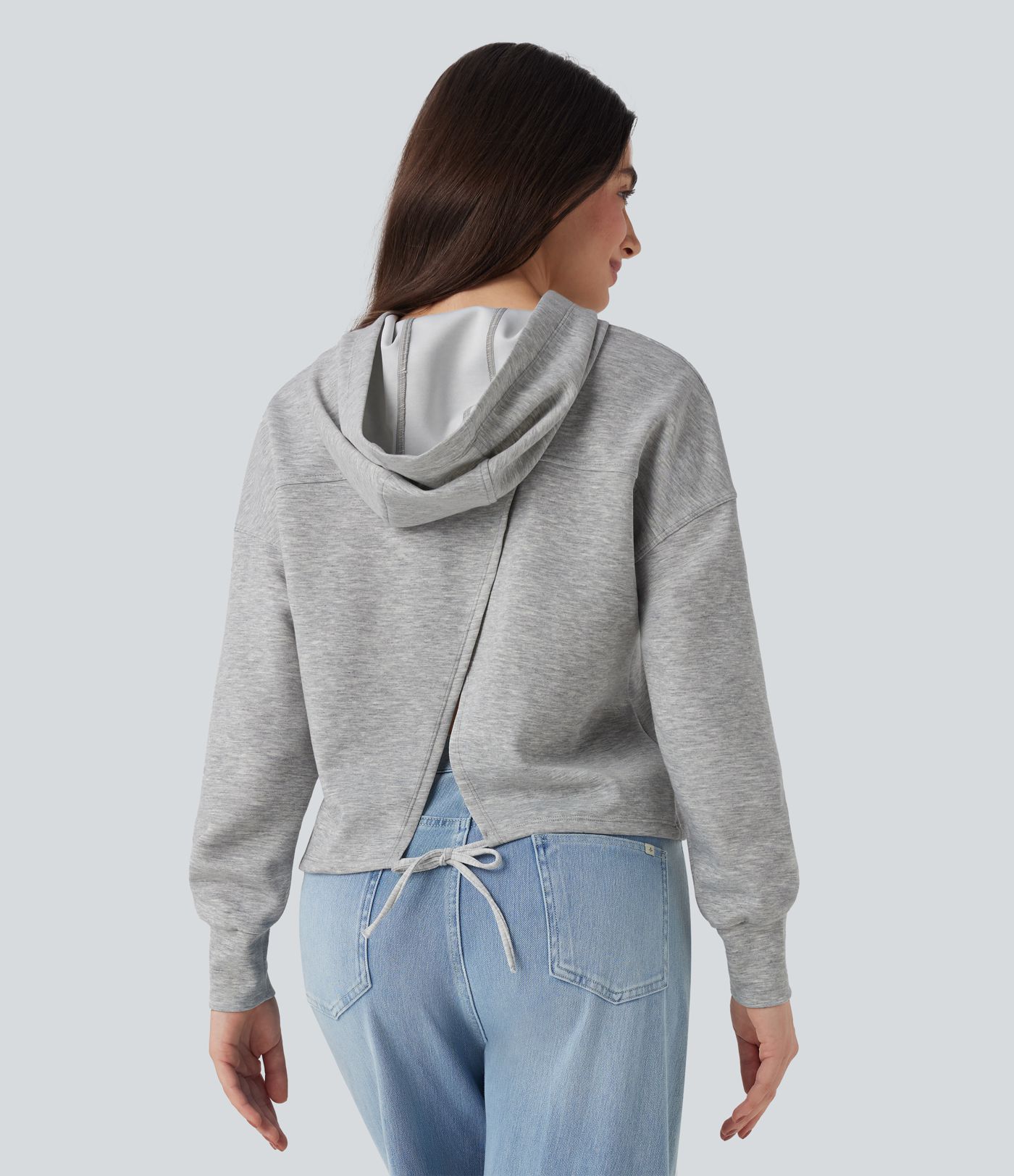 Sweatshirt décontracté à capuche manches longues épaules tombantes avec fentes et lien dos