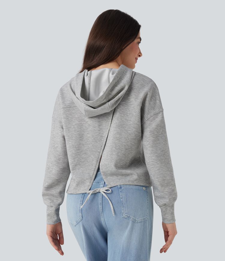 Sweatshirt décontracté à capuche manches longues épaules tombantes avec fentes et lien dos