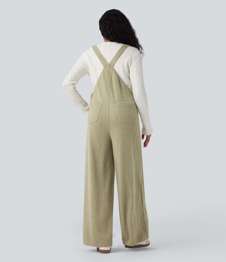 Ribbed Square Neck Casual Overalls with Pockets
