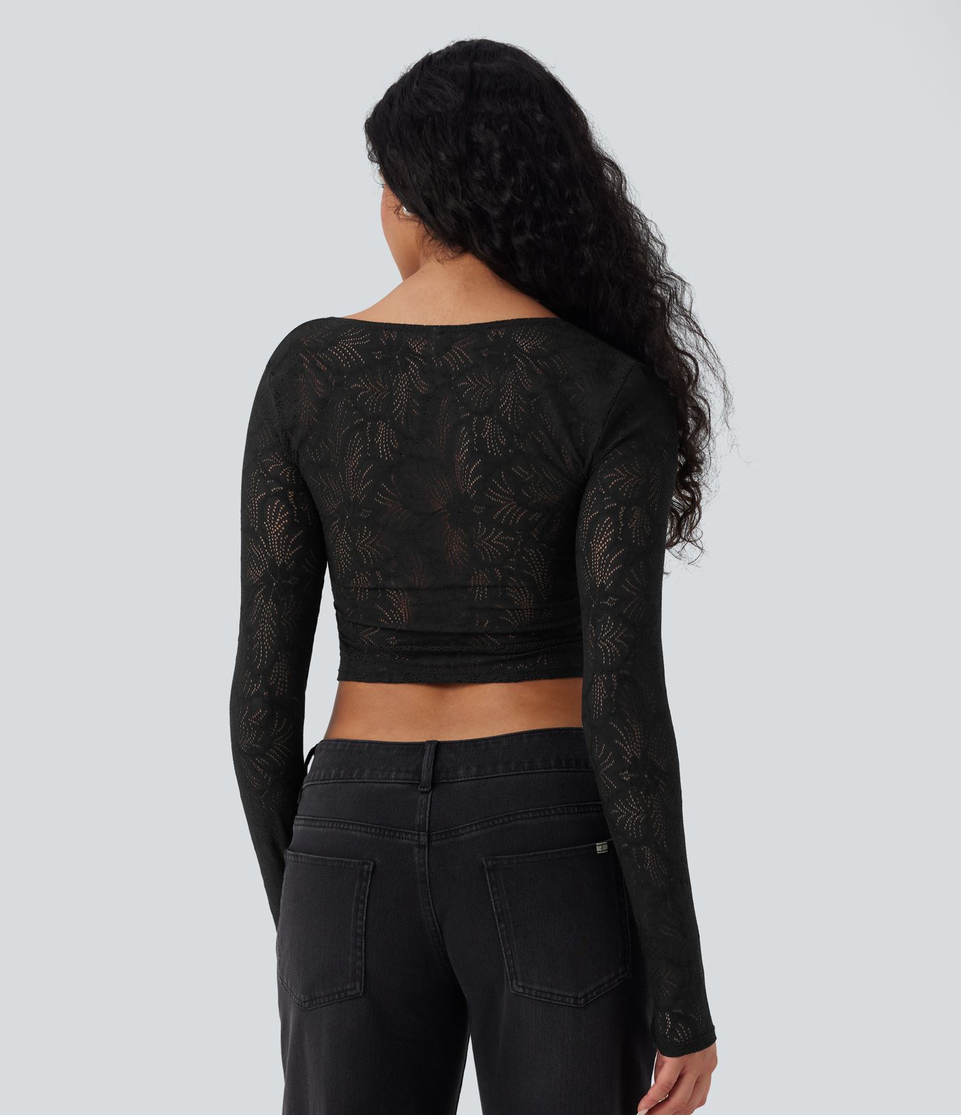 Square Neck Long Sleeve Slim Cropped Lace Casual Top