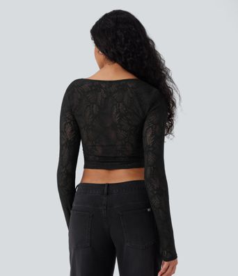 Square Neck Long Sleeve Slim Cropped Lace Casual Top