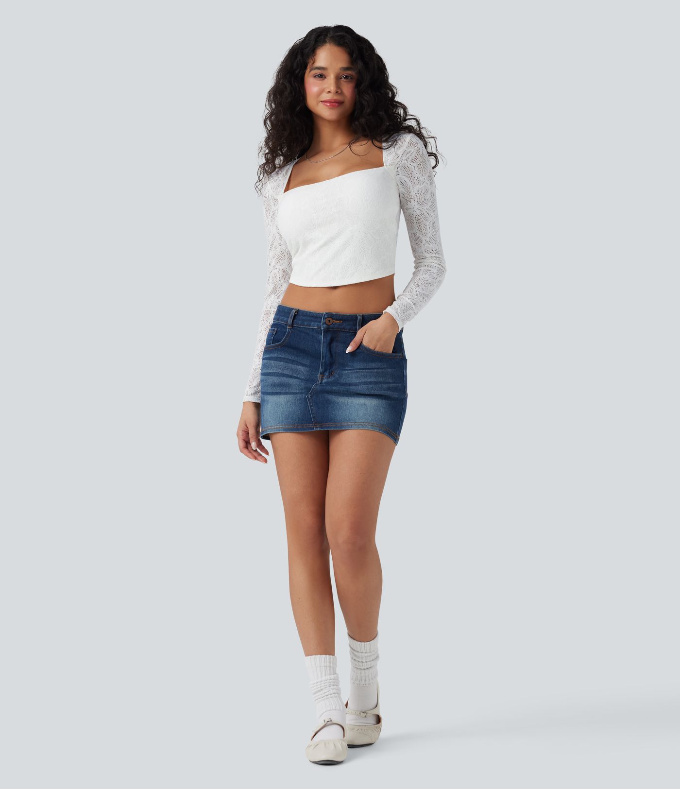 Square Neck Long Sleeve Slim Cropped Lace Casual Top