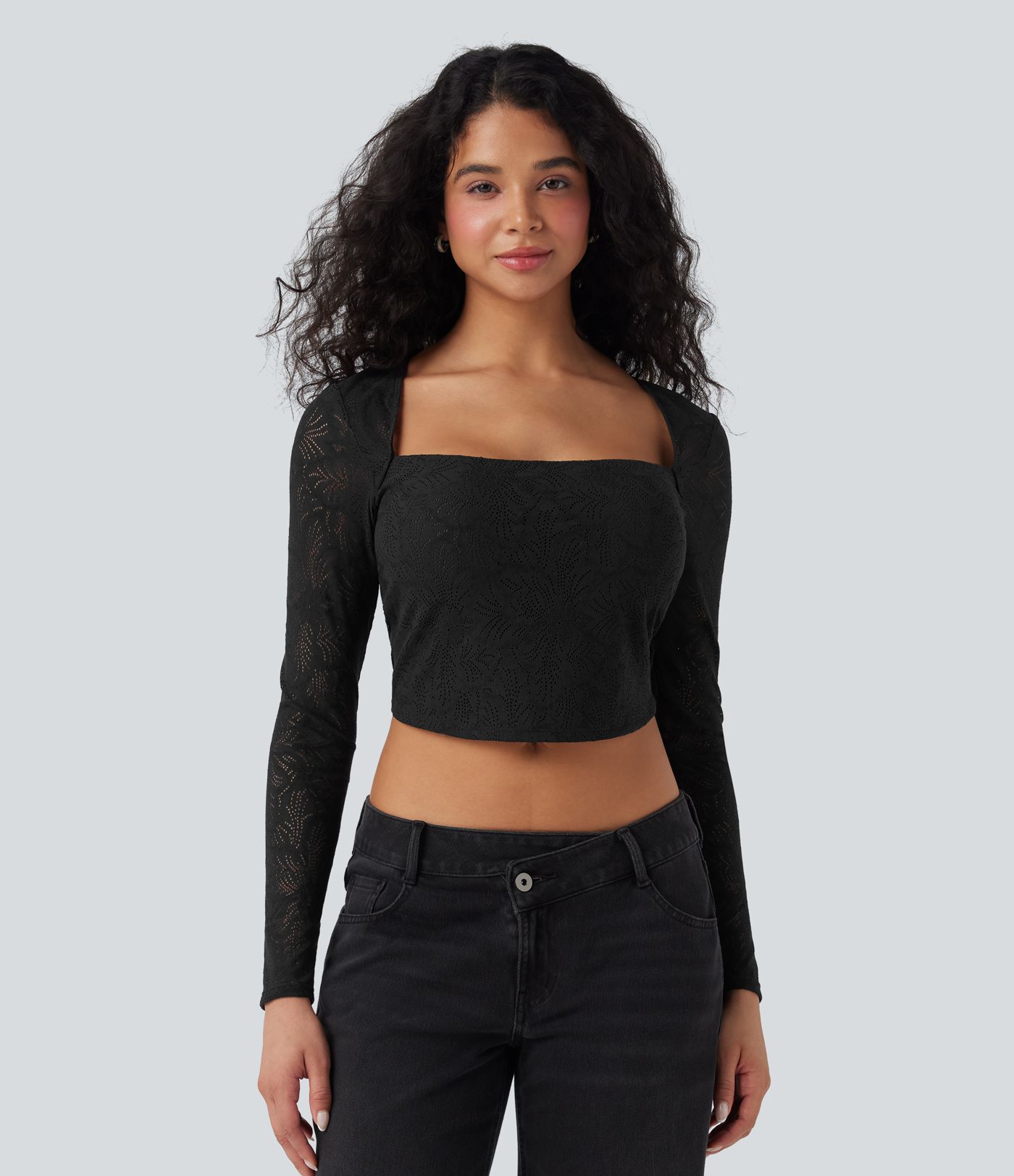Square Neck Long Sleeve Slim Cropped Lace Casual Top