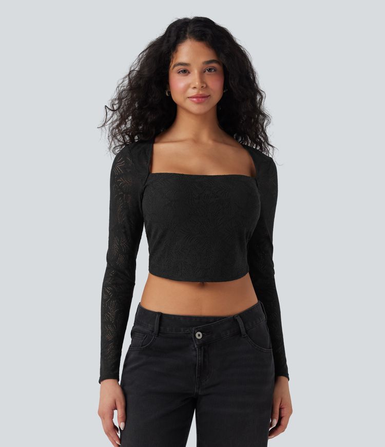Square Neck Long Sleeve Slim Cropped Lace Casual Top