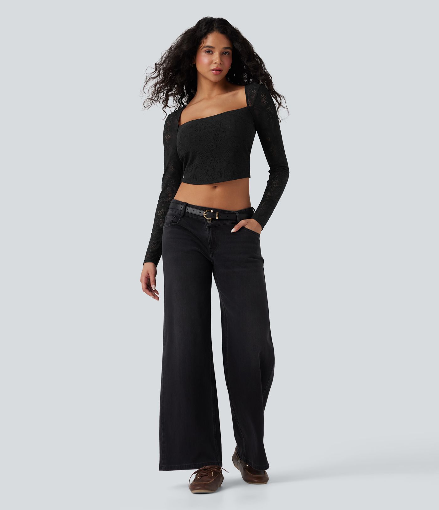 Square Neck Long Sleeve Slim Cropped Lace Casual Top