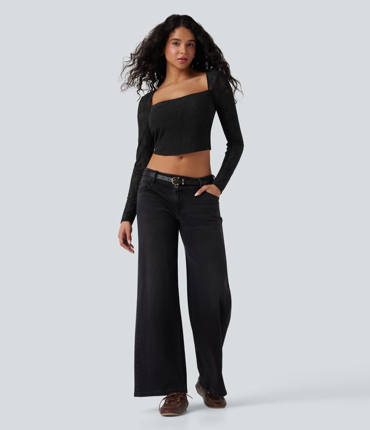Square Neck Long Sleeve Slim Cropped Lace Casual Top