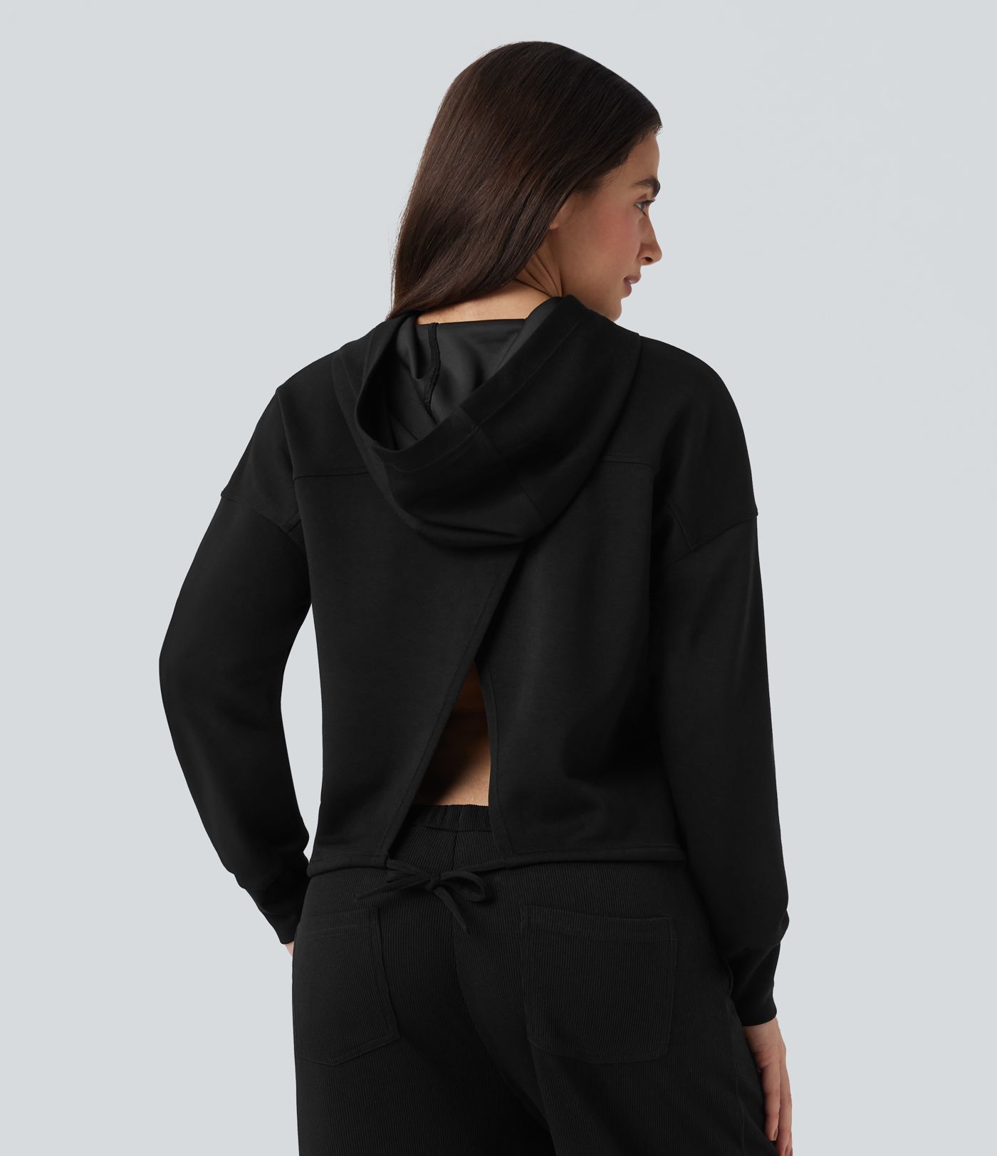 Hooded Long Sleeve Dropped Shoulder Split Tie Back Casual Sweatshirt