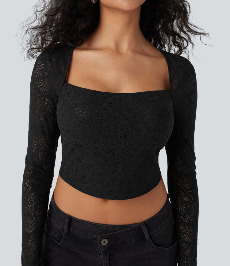 Square Neck Long Sleeve Slim Cropped Lace Casual Top