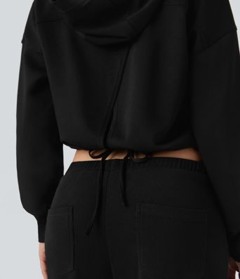 Hooded Long Sleeve Dropped Shoulder Split Tie Back Casual Sweatshirt