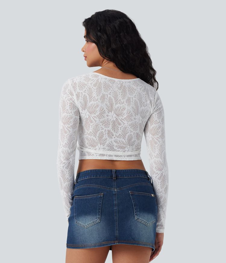 Square Neck Long Sleeve Slim Cropped Lace Casual Top
