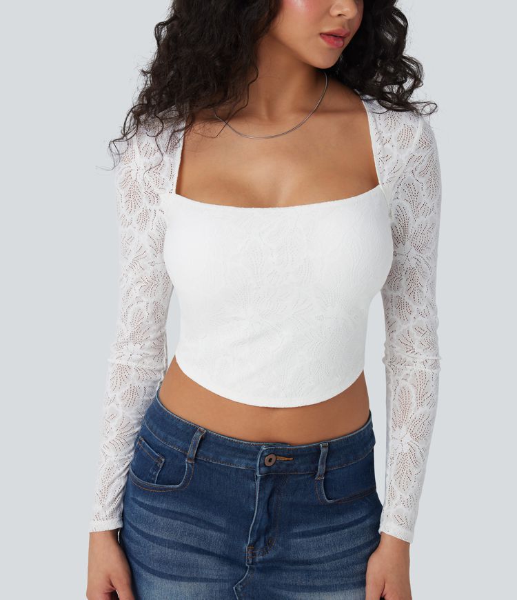 Women's Square Neck Long Sleeve Slim Cropped Lace Casual Top