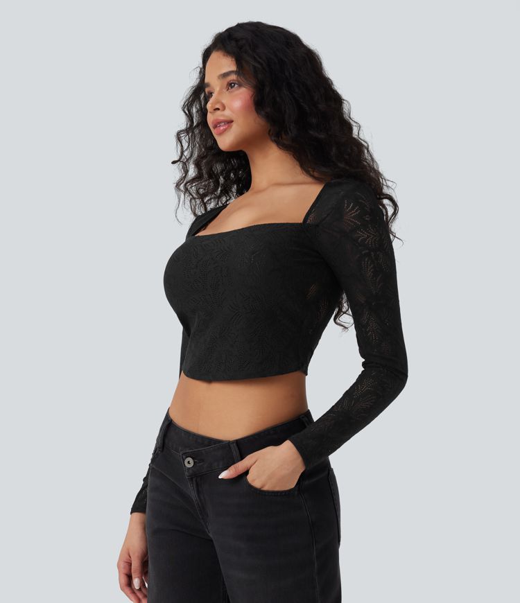 Square Neck Long Sleeve Slim Cropped Lace Casual Top
