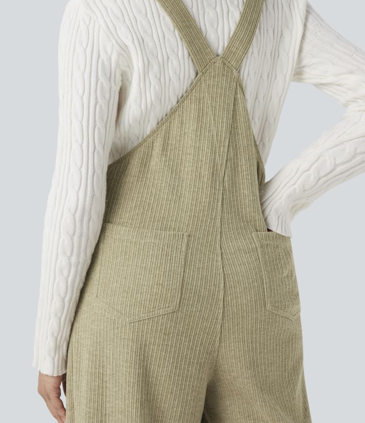 Ribbed Square Neck Casual Dungarees with Pockets