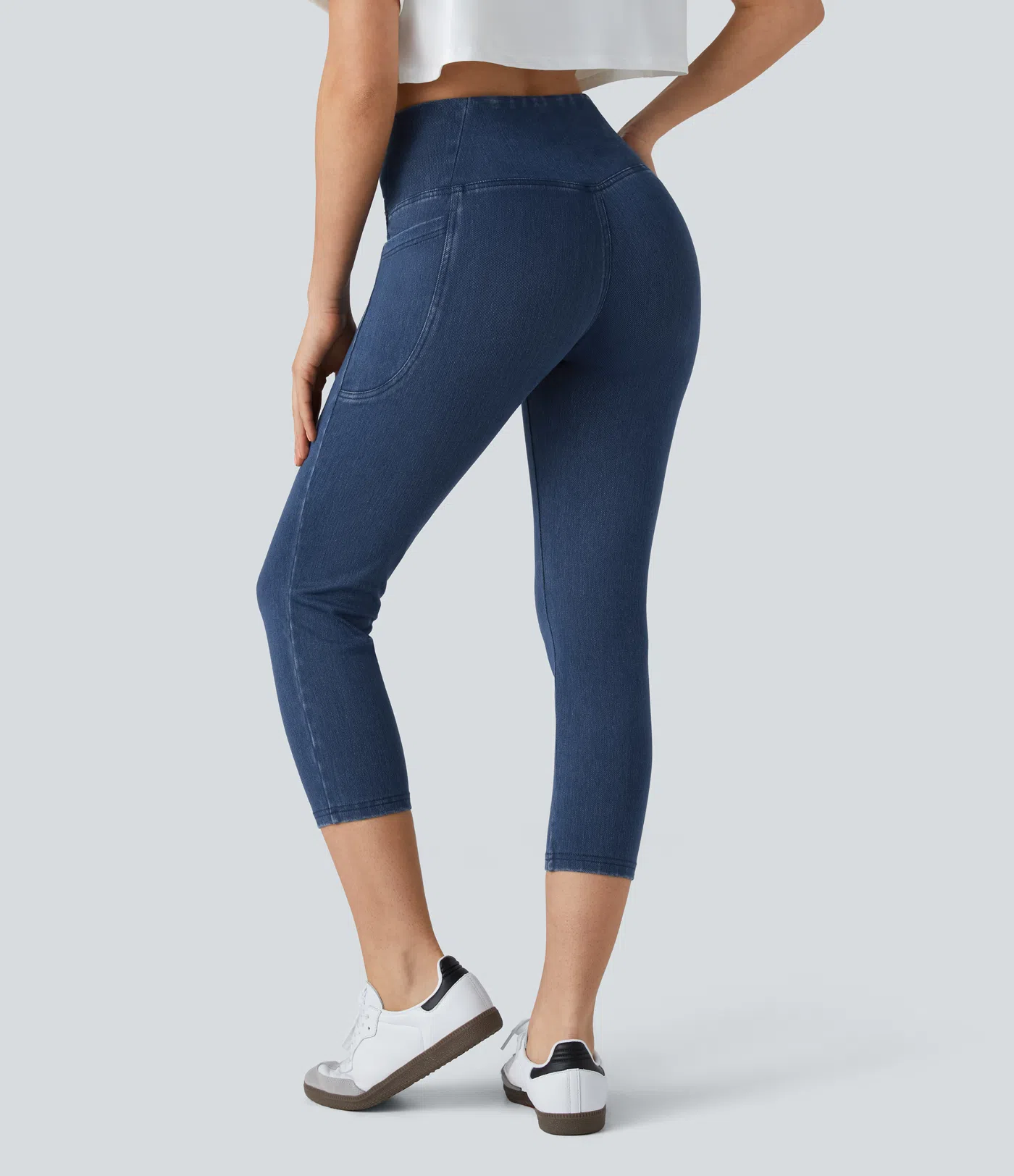 HalaraMagic™ Crossover Side Pocket Washed Stretchy Knit Denim Capri Casual Leggings