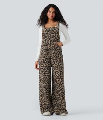 Square Neck Leopard Print Teddy Casual Baggy Overalls with Pockets