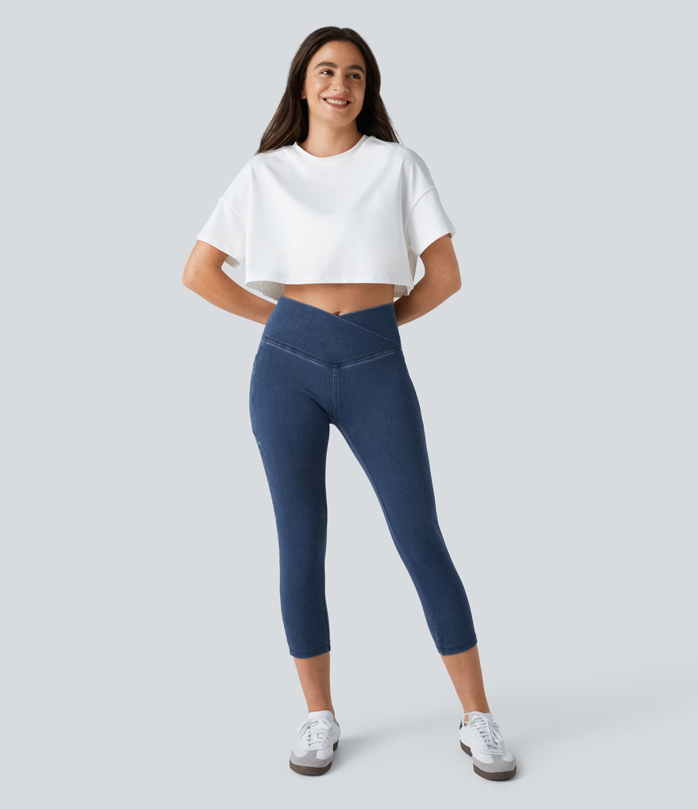 Leggings Halara Flex™ Denim capri mezclilla elástico lavado bolsillo lateral cruzado