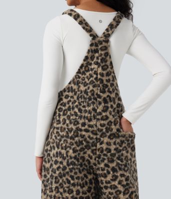 Square Neck Leopard Print Teddy Casual Baggy Overalls with Pockets