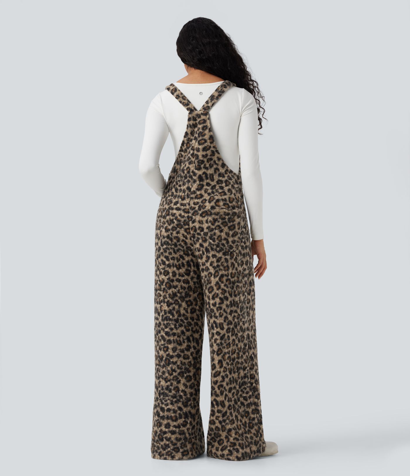 Square Neck Leopard Print Teddy Casual Baggy Overalls with Pockets