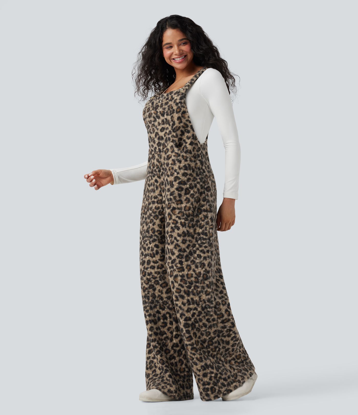 Square Neck Leopard Print Teddy Casual Baggy Overalls with Pockets
